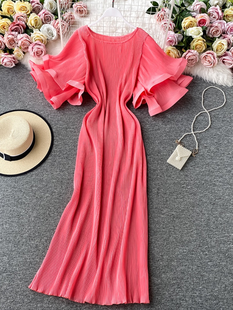 Round Neck Flare Short Sleeve Pleated Long Dress Vintage High Waist Ruffles - immagine 4