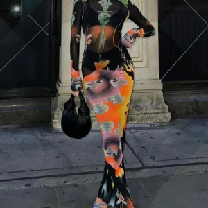 Print Long Sleeves Graphic Patchwork Sexy Slim Maxi Prom Dress