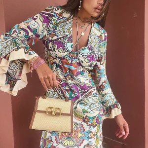 Vintage Flower Print V Neck Loose Long Dress Boho