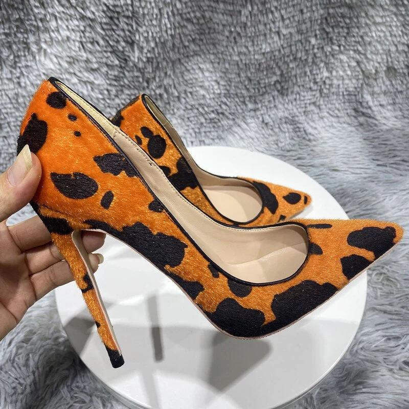 Orange Cow Print Hairy Flock High Heel Shoes 8cm 10cm 12cm - immagine 2