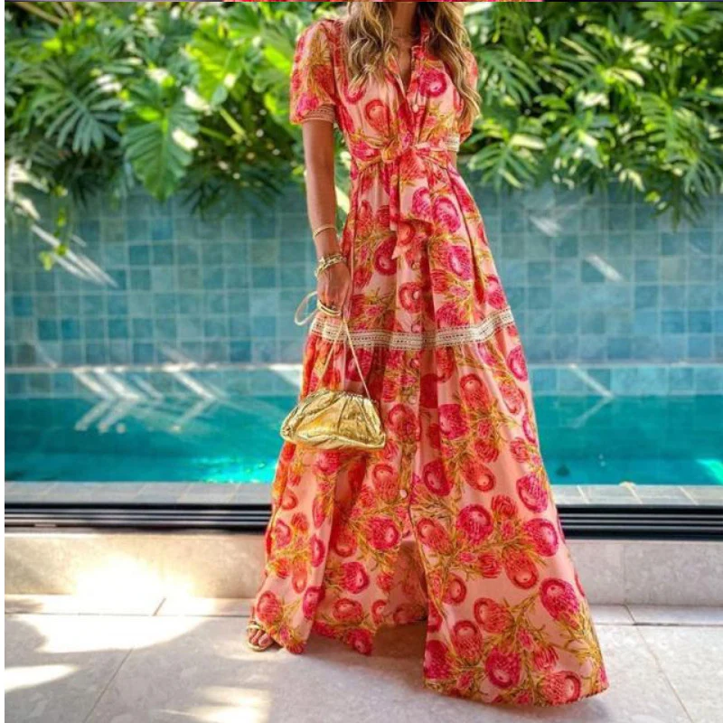 Short Sleeve Bohemian Long Printed Dress - immagine 2