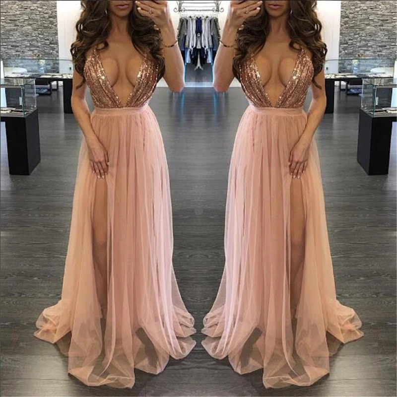 Mesh Stitching Sequin Suspender Halter Dress - immagine 4