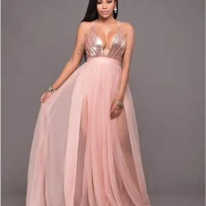 Mesh Stitching Sequin Suspender Halter Dress