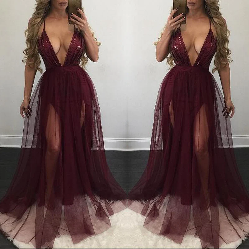 Mesh Stitching Sequin Suspender Halter Dress - immagine 6