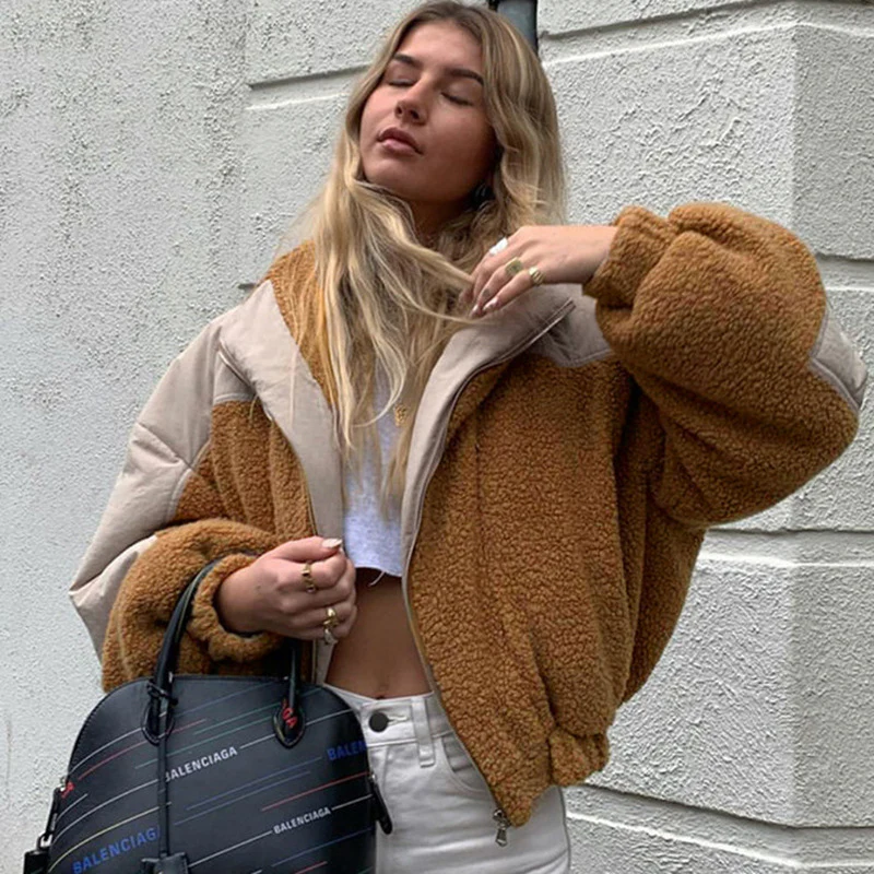 Loose Hooded Stitching Lamb Wool Coat - immagine 2