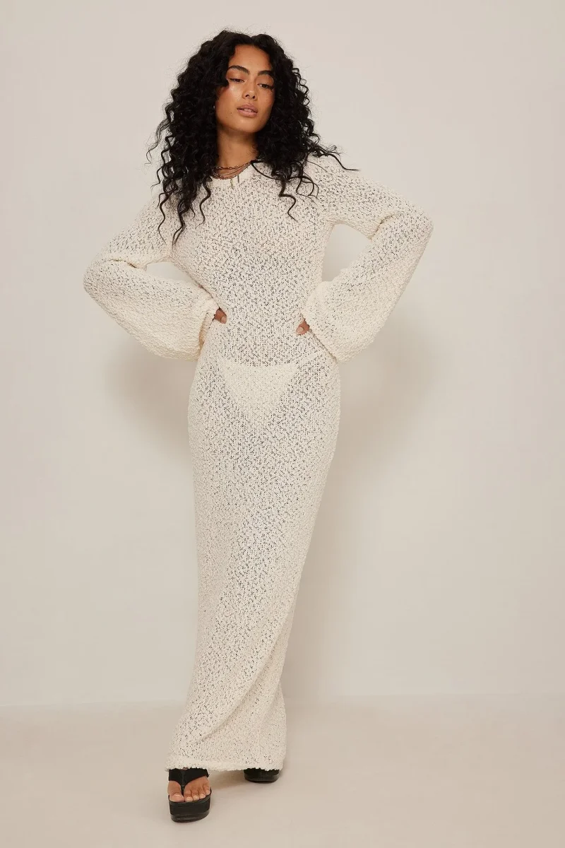 Woman Long Dress Elegant Fashion Knitted Plush Long Flared Sleeve Backles - immagine 5