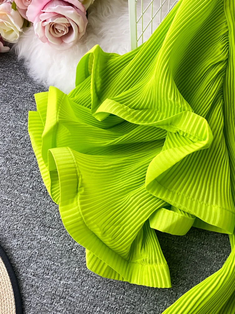 Round Neck Flare Short Sleeve Pleated Long Dress Vintage High Waist Ruffles - immagine 6