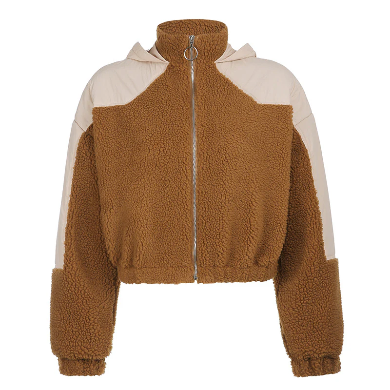 Loose Hooded Stitching Lamb Wool Coat - immagine 6