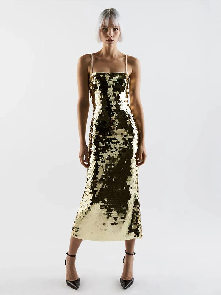 Ailigou New Summer Women's Sleeveless Off Shoulder Sexy Off Back Sparkling Sequins Tight Midi Dress Evening Dress Vestido - immagine 3