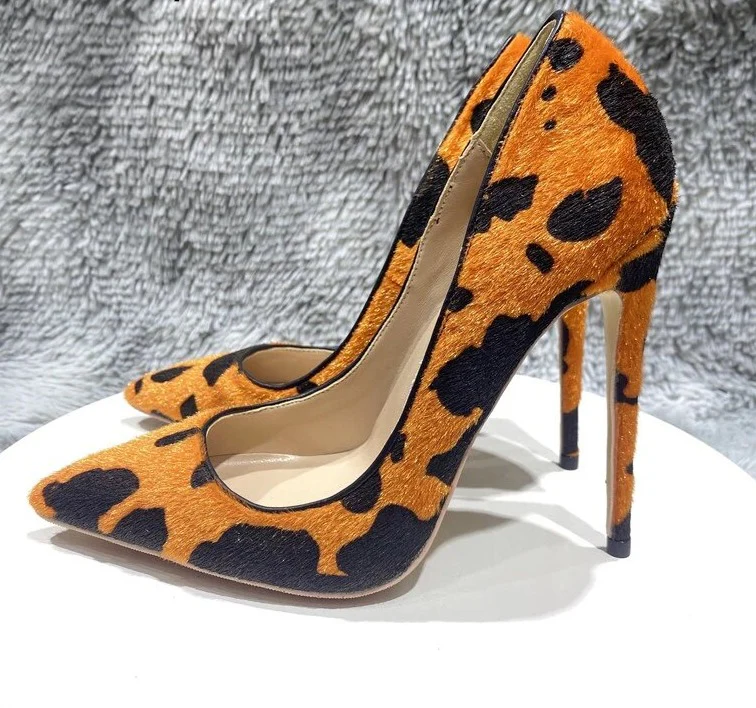 Orange Cow Print Hairy Flock High Heel Shoes 8cm 10cm 12cm - immagine 3