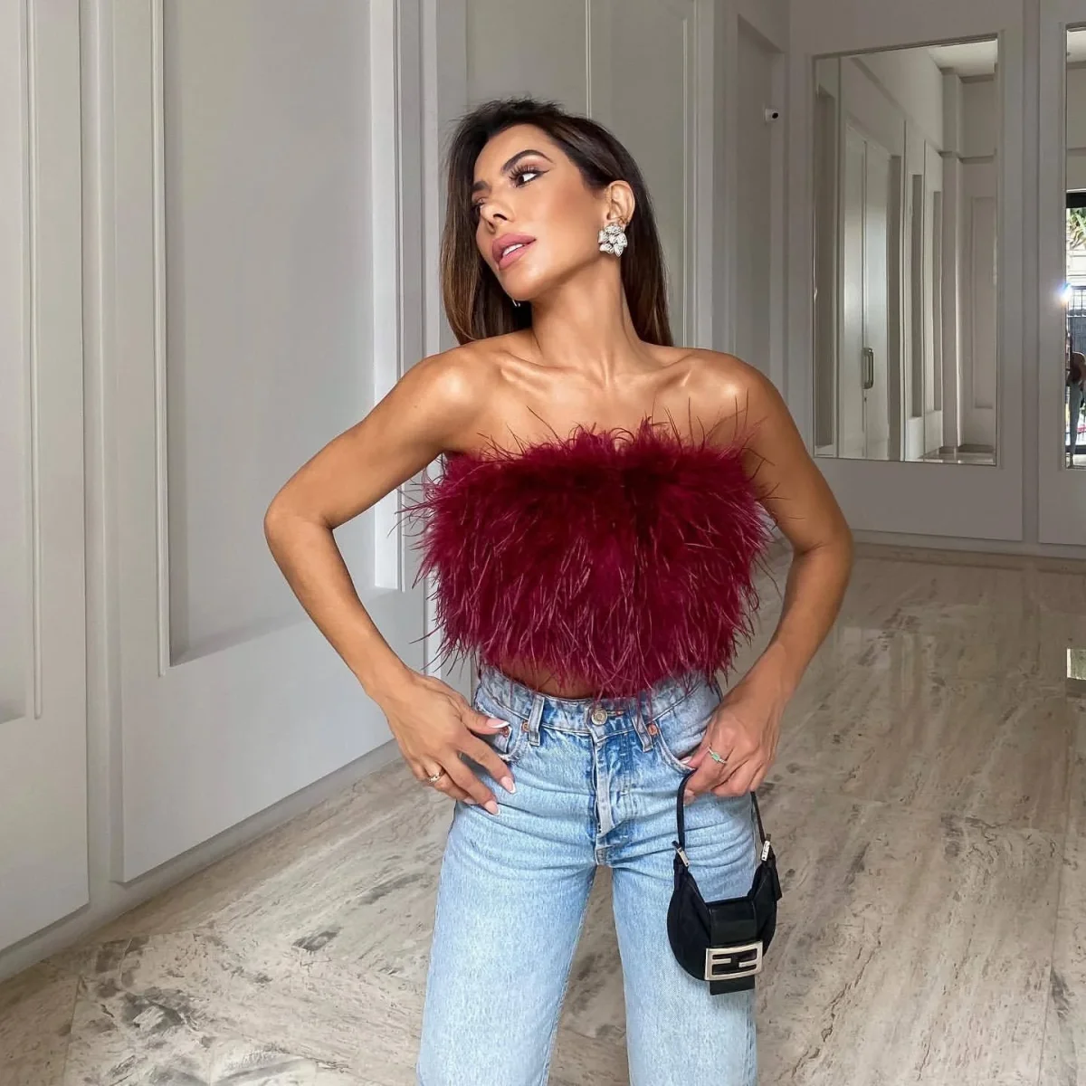 Fashion fluffy multi color fur tube top all match - immagine 8