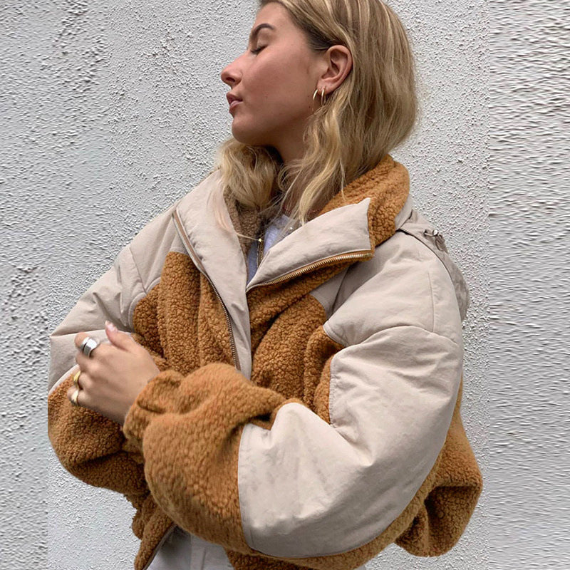 Loose Hooded Stitching Lamb Wool Coat - immagine 4