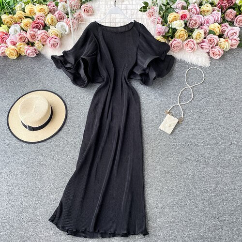 Round Neck Flare Short Sleeve Pleated Long Dress Vintage High Waist Ruffles - immagine 9