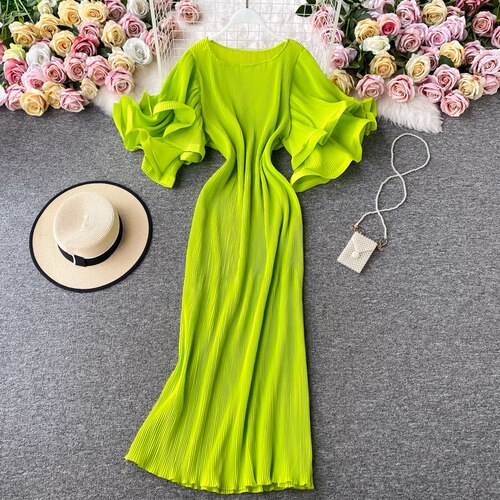 Round Neck Flare Short Sleeve Pleated Long Dress Vintage High Waist Ruffles - immagine 8