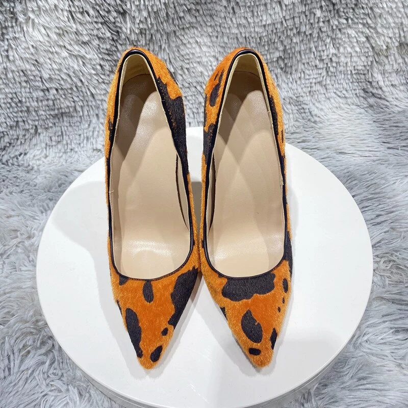 Orange Cow Print Hairy Flock High Heel Shoes 8cm 10cm 12cm - immagine 6