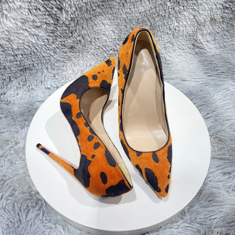 Orange Cow Print Hairy Flock High Heel Shoes 8cm 10cm 12cm - immagine 7