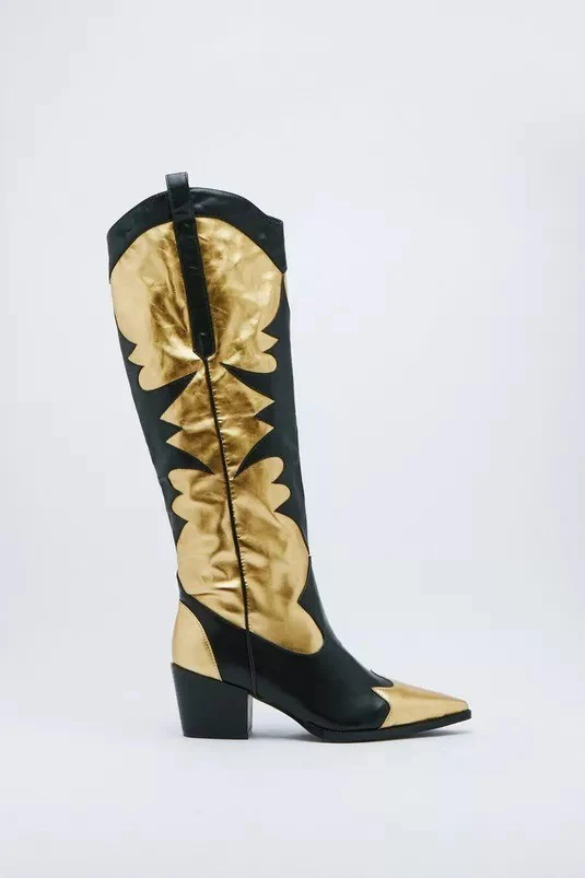 Thick heeled women's shoes, long and short boots, gold stitching women's shoes - immagine 5