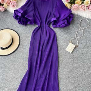 Round Neck Flare Short Sleeve Pleated Long Dress Vintage High Waist Ruffles