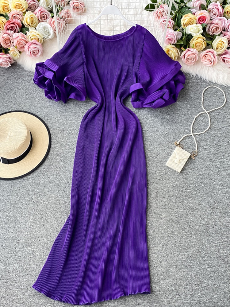 Round Neck Flare Short Sleeve Pleated Long Dress Vintage High Waist Ruffles
