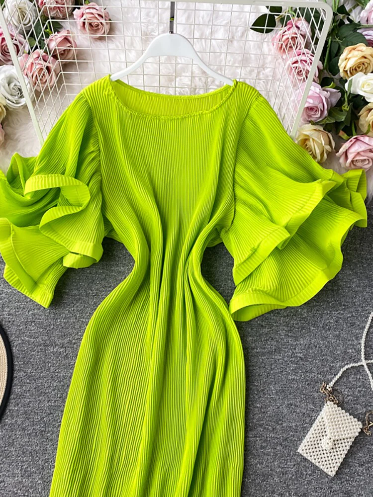 Round Neck Flare Short Sleeve Pleated Long Dress Vintage High Waist Ruffles - immagine 5