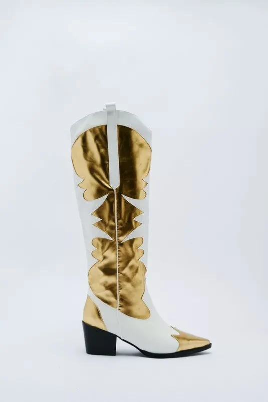 Thick heeled women's shoes, long and short boots, gold stitching women's shoes - immagine 8