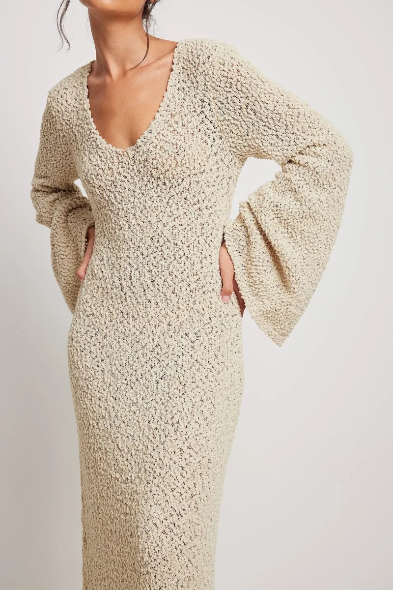 Woman Long Dress Elegant Fashion Knitted Plush Long Flared Sleeve Backles - immagine 2