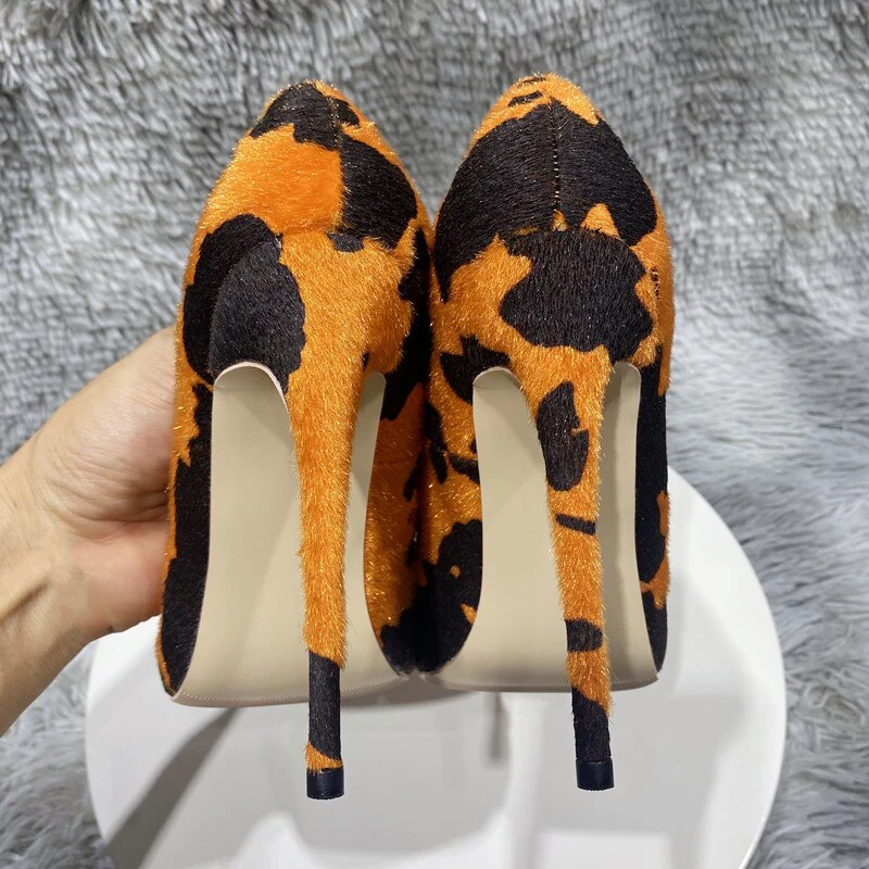 Orange Cow Print Hairy Flock High Heel Shoes 8cm 10cm 12cm - immagine 5