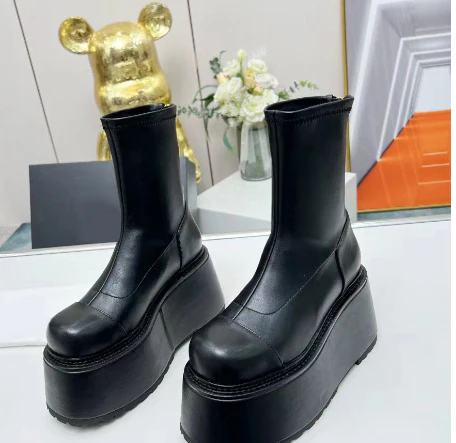 Gold Leather Flat Platform Wedge Boots Winter Women's Muffin Sole Short Boots - immagine 2