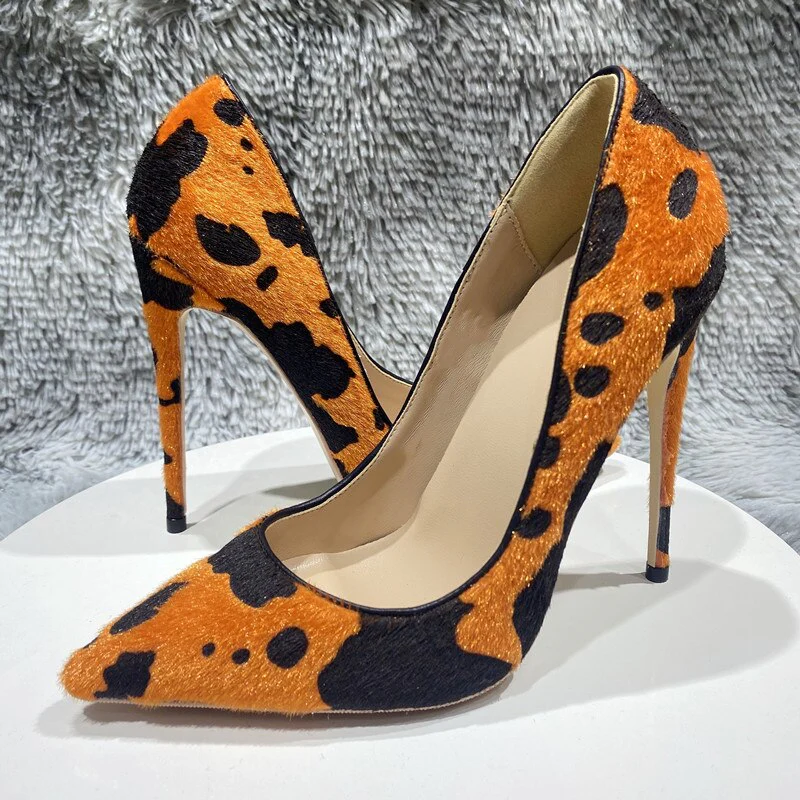 Orange Cow Print Hairy Flock High Heel Shoes 8cm 10cm 12cm - immagine 4