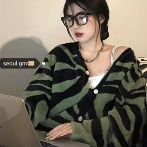 Women Autumn Zebra Mohair Sweater Cardigan