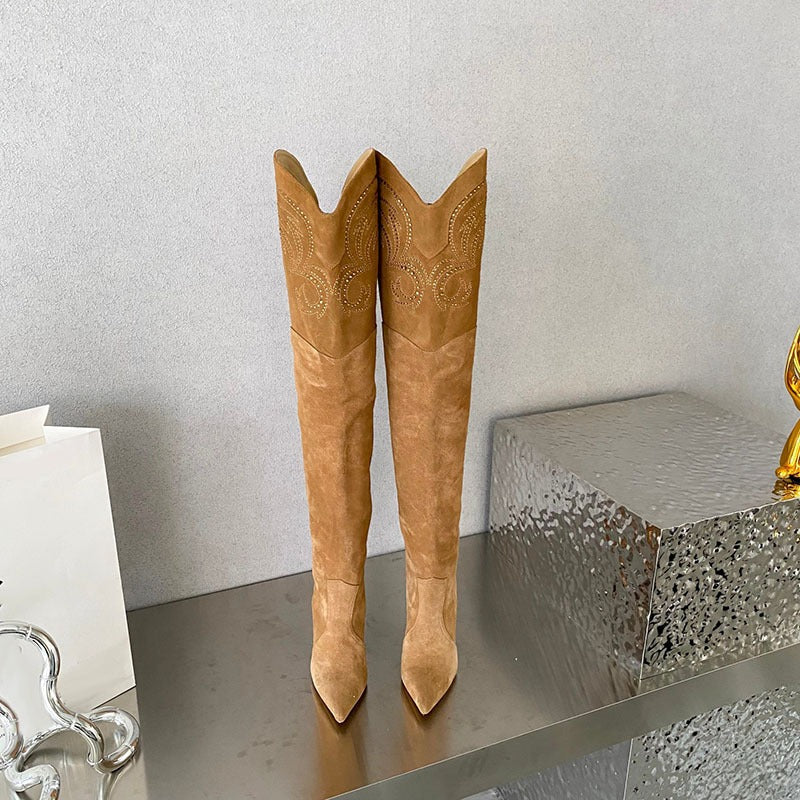 Knee Boots Suede real Leather Pointed Toe Embroidery Long Boots - immagine 2