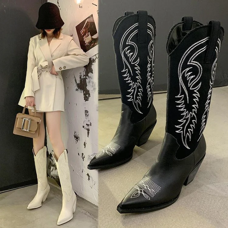 Fashion Embossed Microfiber Leather Women Boots Pointed Toe Western Cowboy Boots Women Knee-High Boots Chunky Wedges - immagine 3