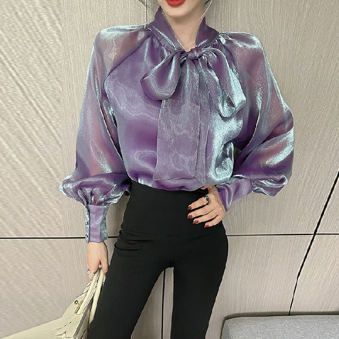 Pearlescent Chiffon Shirt Design Sense Mesh Ribbon Shirt - immagine 3