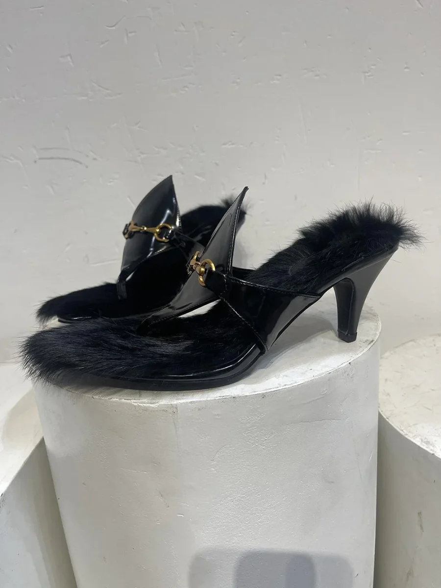 Women Golden Chain Decor Heeled Mules Open Toe Kitten Heel - immagine 6