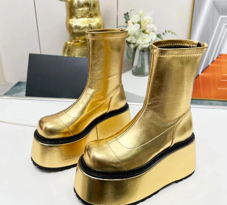 Gold Leather Flat Platform Wedge Boots Winter Women's Muffin Sole Short Boots - immagine 4