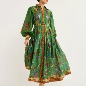 Birds Flower Printed Long Dress Women Belts