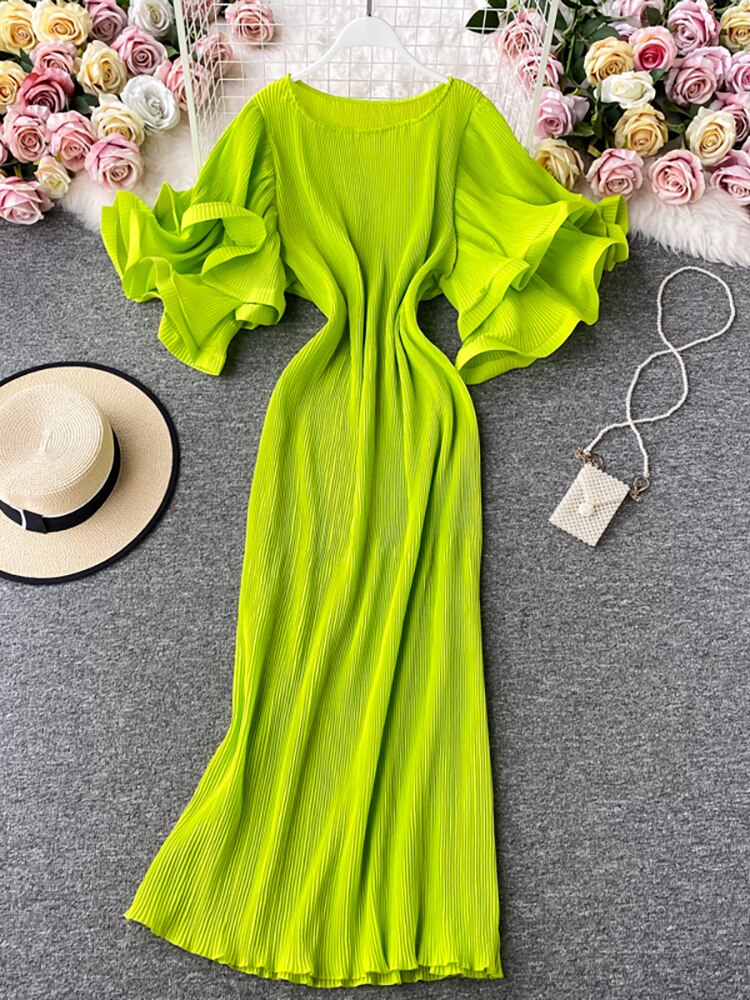Round Neck Flare Short Sleeve Pleated Long Dress Vintage High Waist Ruffles - immagine 3