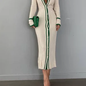 Knit Button Down Bodycon Sweater Dress Long Sleeve