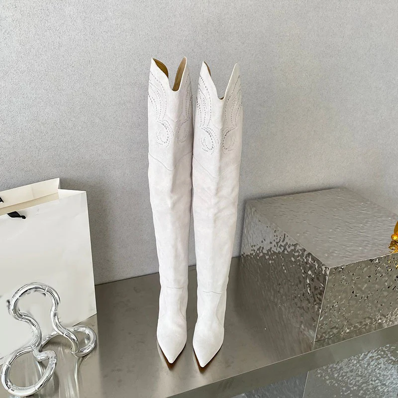 Knee Boots Suede real Leather Pointed Toe Embroidery Long Boots - immagine 7