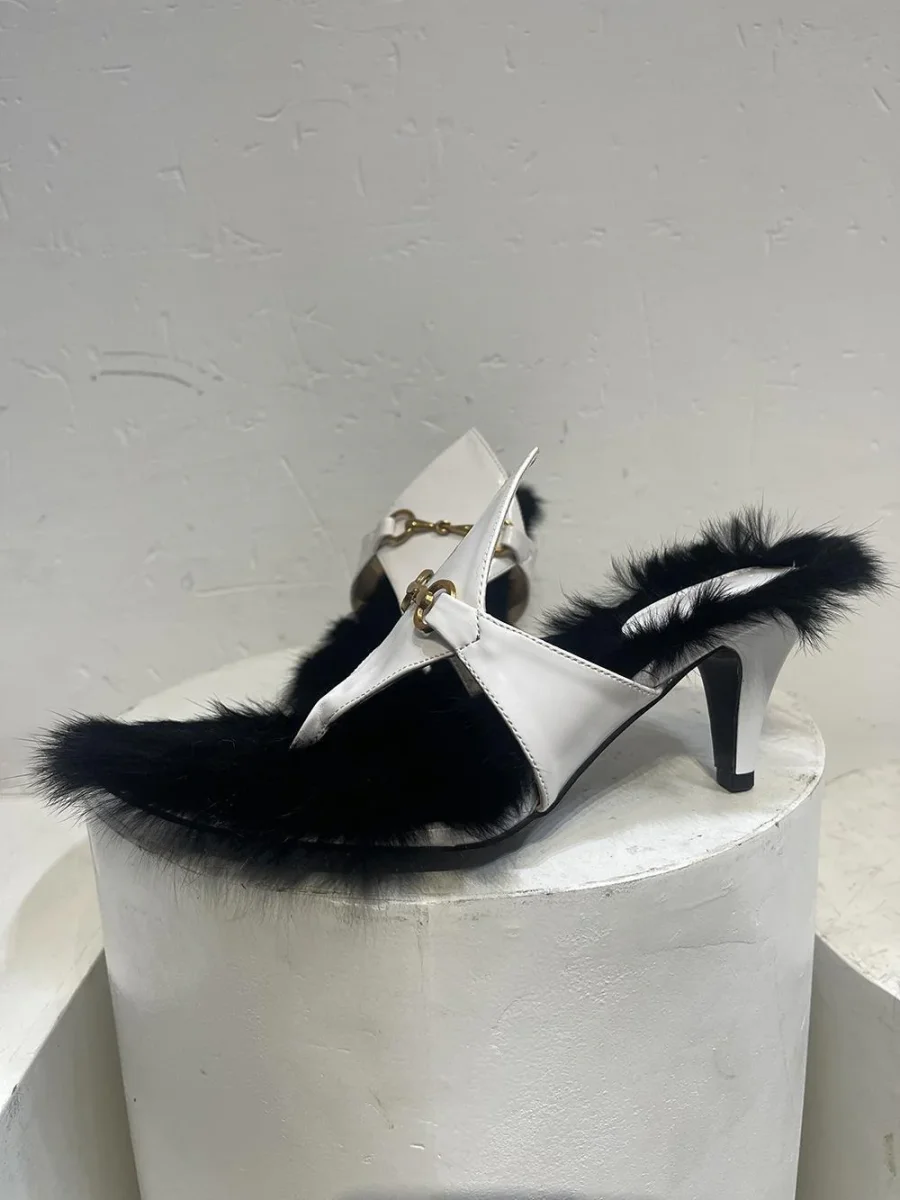 Women Golden Chain Decor Heeled Mules Open Toe Kitten Heel - immagine 4