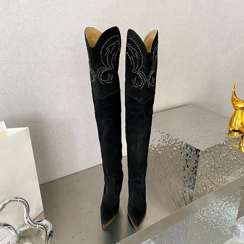 Knee Boots Suede real Leather Pointed Toe Embroidery Long Boots - immagine 4