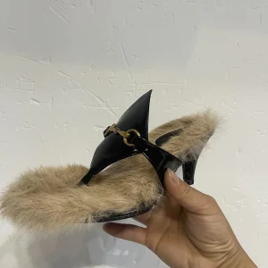 Women Golden Chain Decor Heeled Mules Open Toe Kitten Heel