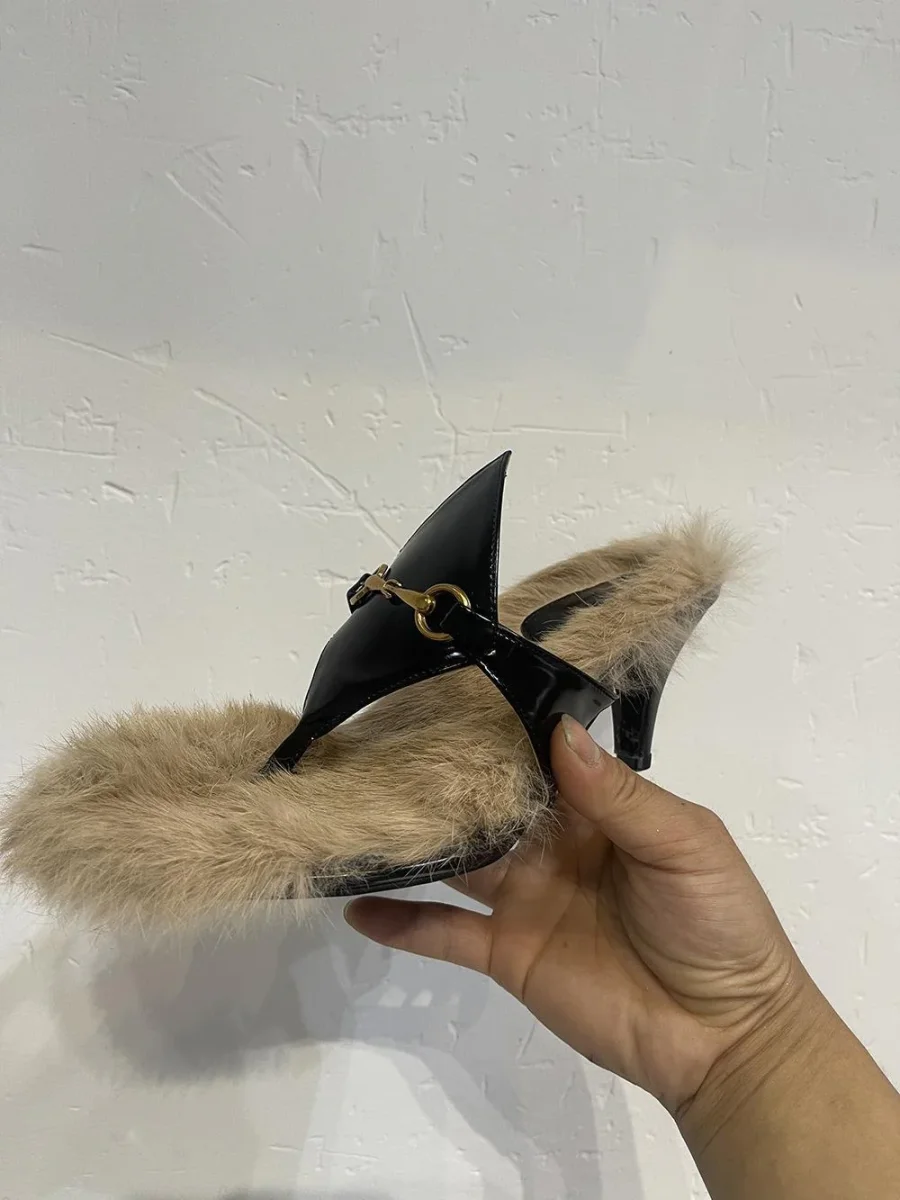 Women Golden Chain Decor Heeled Mules Open Toe Kitten Heel - immagine 2