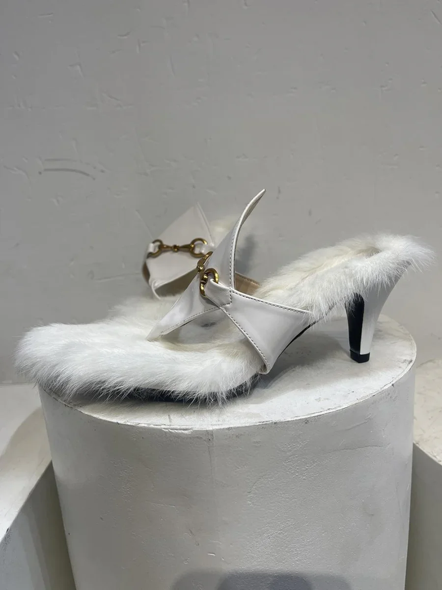 Women Golden Chain Decor Heeled Mules Open Toe Kitten Heel - immagine 7