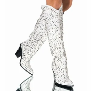 Cowboy Boot Studded Pointy Toe Block Heel Knee High Crystal Handmade Boots