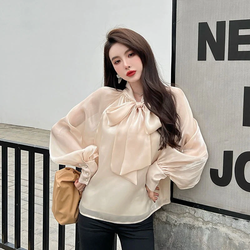Pearlescent Chiffon Shirt Design Sense Mesh Ribbon Shirt - immagine 6