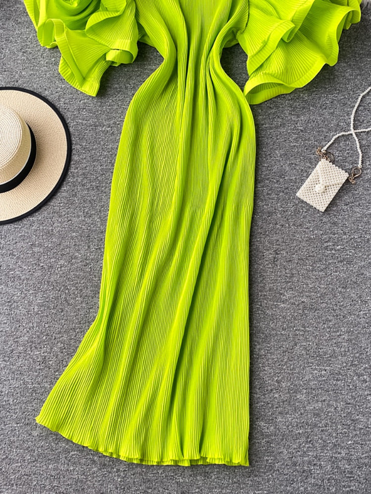 Round Neck Flare Short Sleeve Pleated Long Dress Vintage High Waist Ruffles - immagine 7