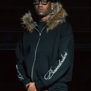 Full Zip "RUDE DIAMOND" Faux Fur Script Black