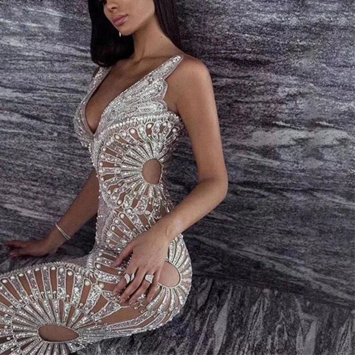 Slip Dress with Silver Sequins, Ruffles - immagine 2