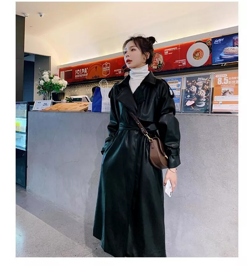 Trench Black Oversized Long Waterproof Leather Trench Coat - immagine 6